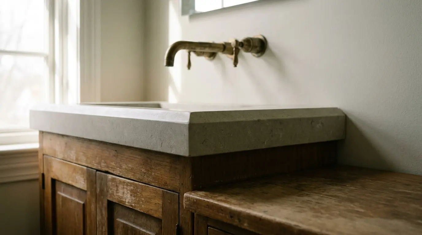 Rustic wooden bathroom vanity with stone countertop and brass wall-mounted faucet