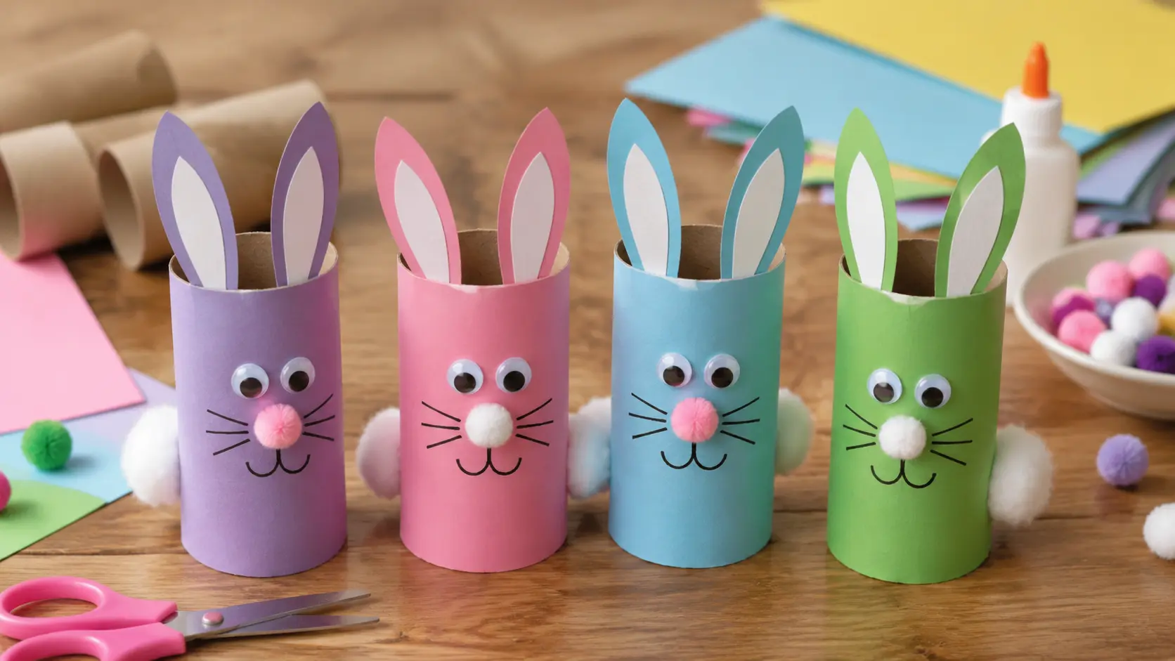 Toilet paper roll bunny crafts with paper ears and cotton tails