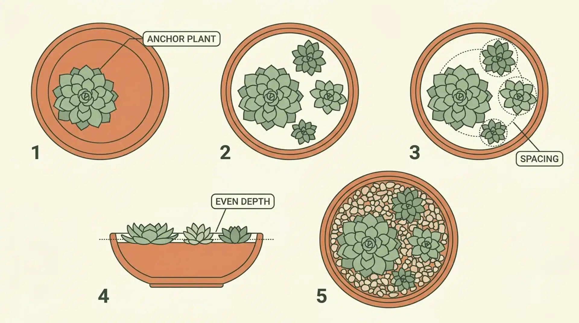 Top-down guide to spacing succulents in a bowl