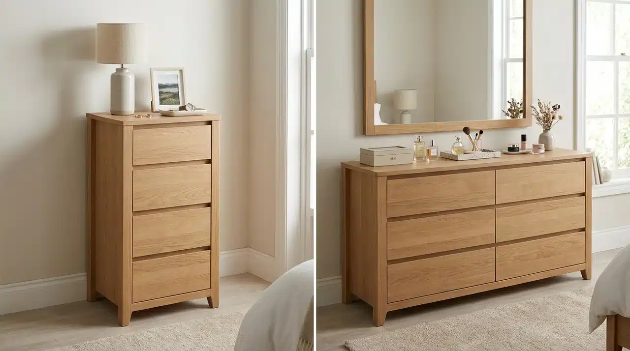 Chest of drawers and dresser showing differences in top surface space and everyday use.