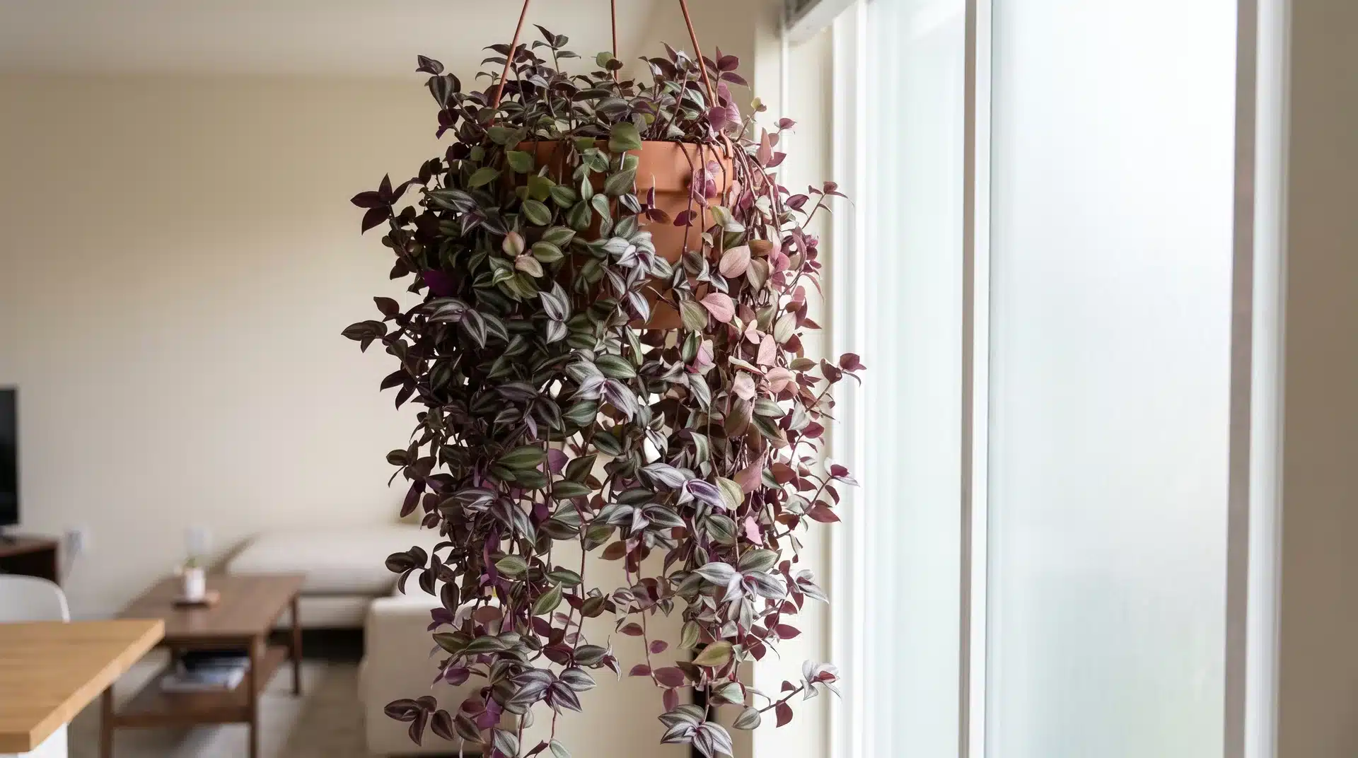 Tradescantia hanging plant with purple, silver, green, and pink leaves on trailing stems.