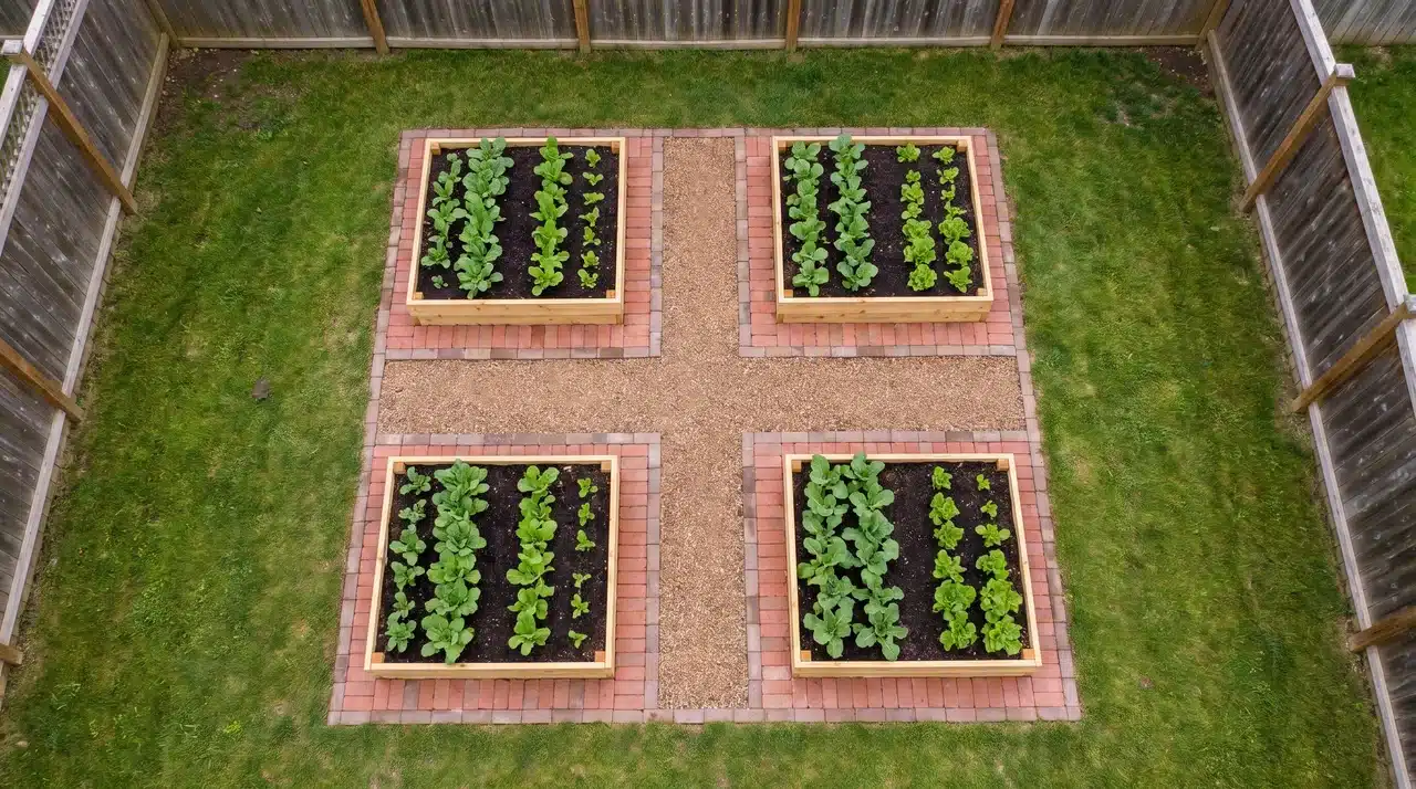 Garden divided into four equal square beds separated by a central pathway