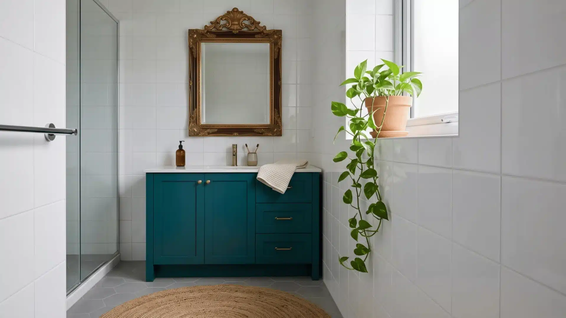 Trailing pothos beside a bathroom window above a colorful vanity and plain tile surfaces