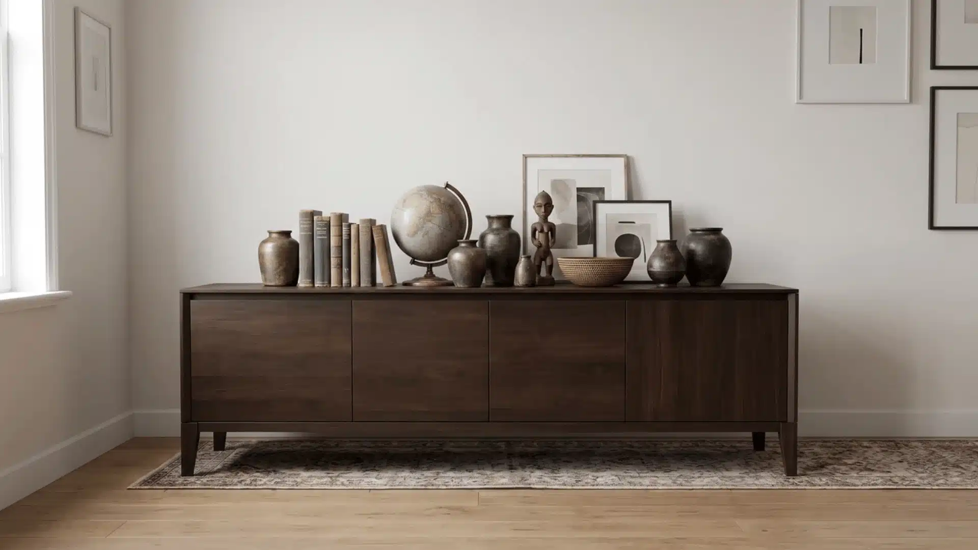 Travel finds and books grouped by material on a console in a modern eclectic living room