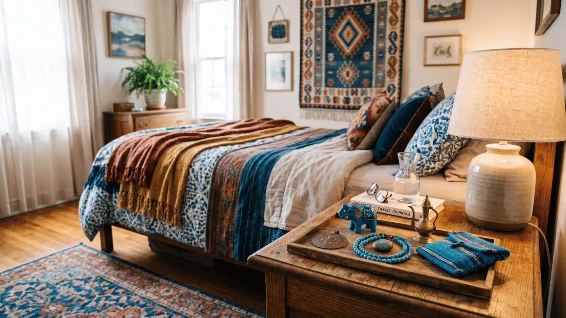Travel keepsakes grouped by color on a nightstand tray beside a layered bed in an eclectic bedroom