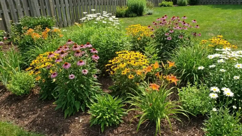 29 Flowers That Come Back Every Year, Season After Season Mixed perennial garden border with coneflowers, black eyed susans, and daylilies in bloom