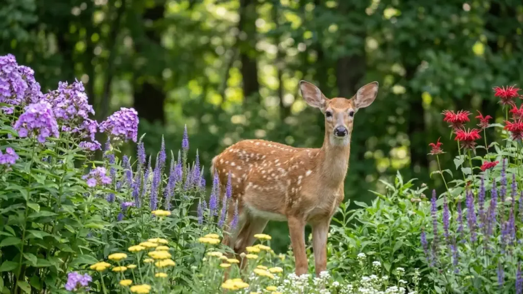 27 Deer-Resistant Flowers Every Backyard Garden Truly Needs Spotted fawn standing among blooming deer resistant flowers in a garden