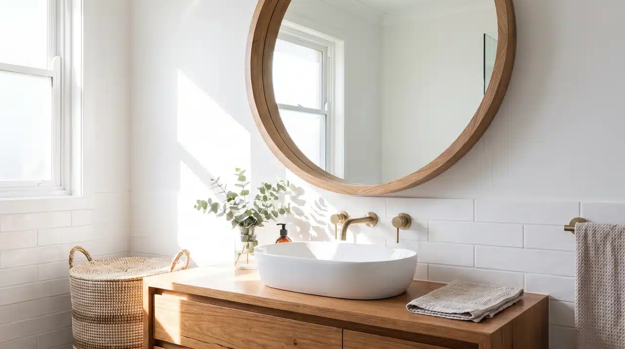Round framed bathroom mirror updating a vanity area with style and light.