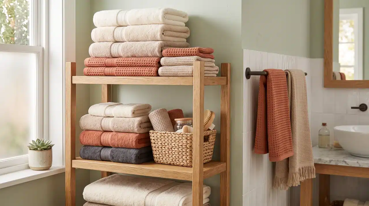 Layered bathroom towels adding color, texture, and style to the space.