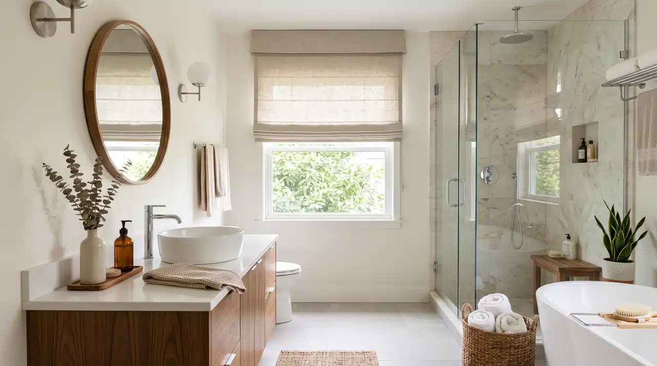 Bathroom window with stylish treatment adding privacy and design.