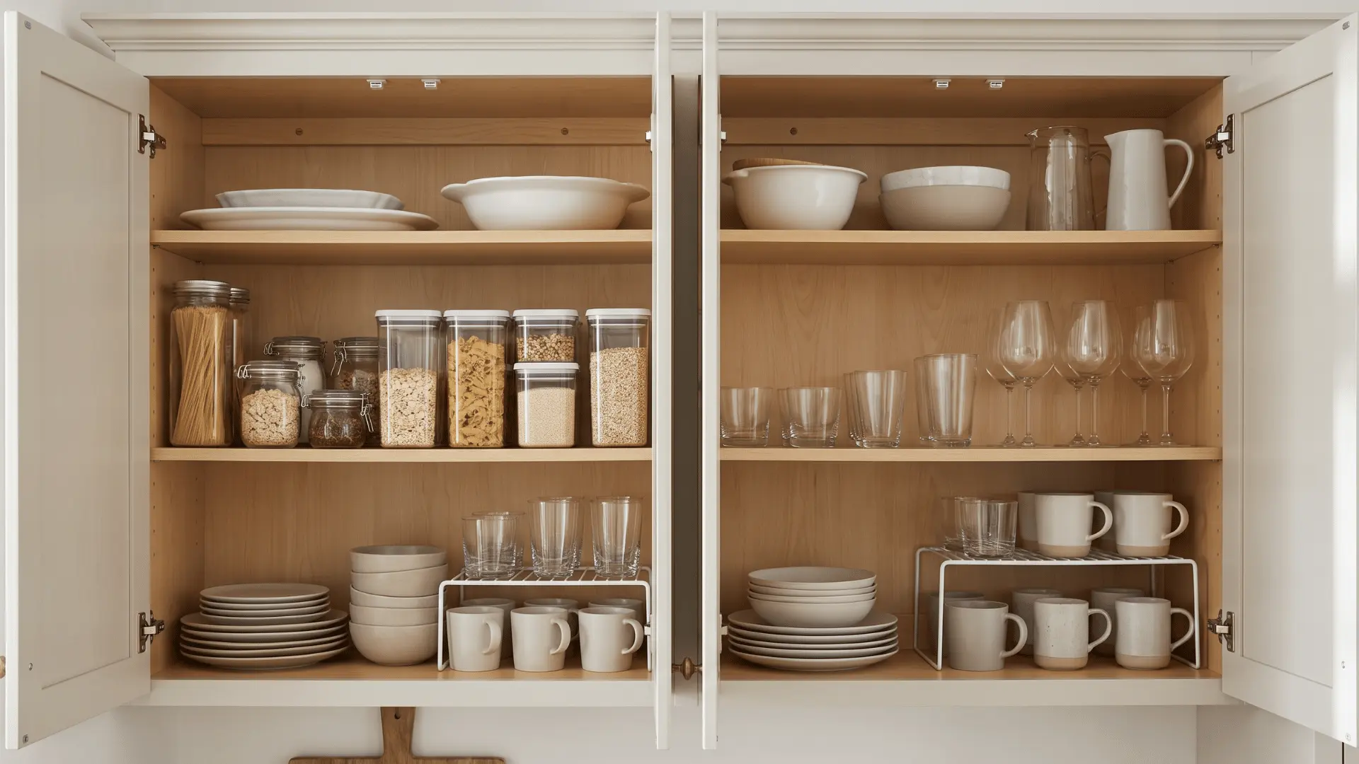 Upper kitchen cabinets organized with plates, bowls, mugs, glasses, pantry foods, and an adjustable shelf riser.