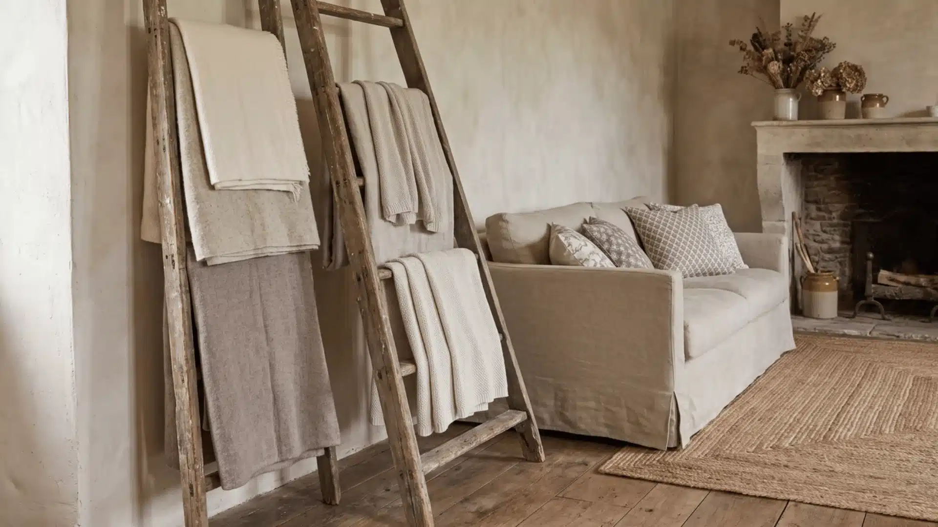 Wooden ladder displaying blankets in a French country living room