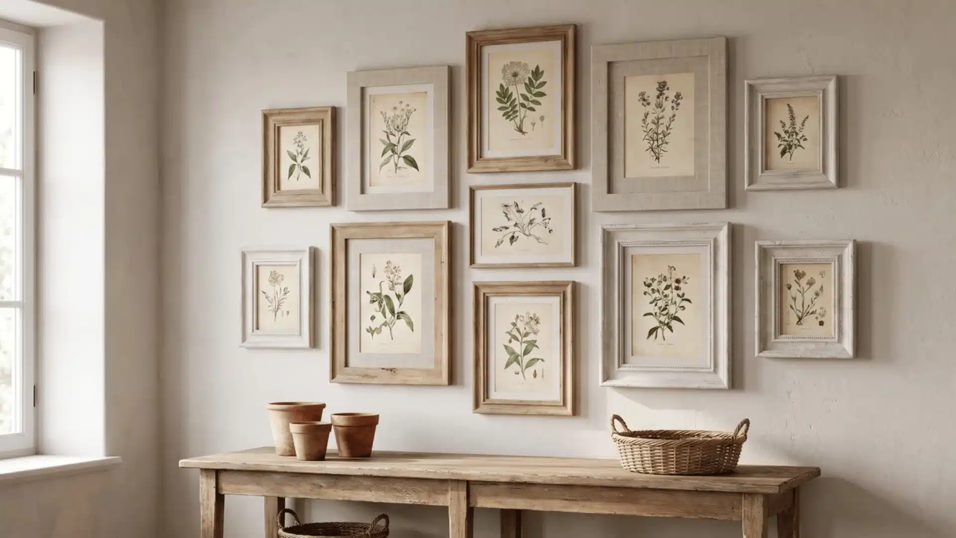Botanical prints in simple frames on a living room wall