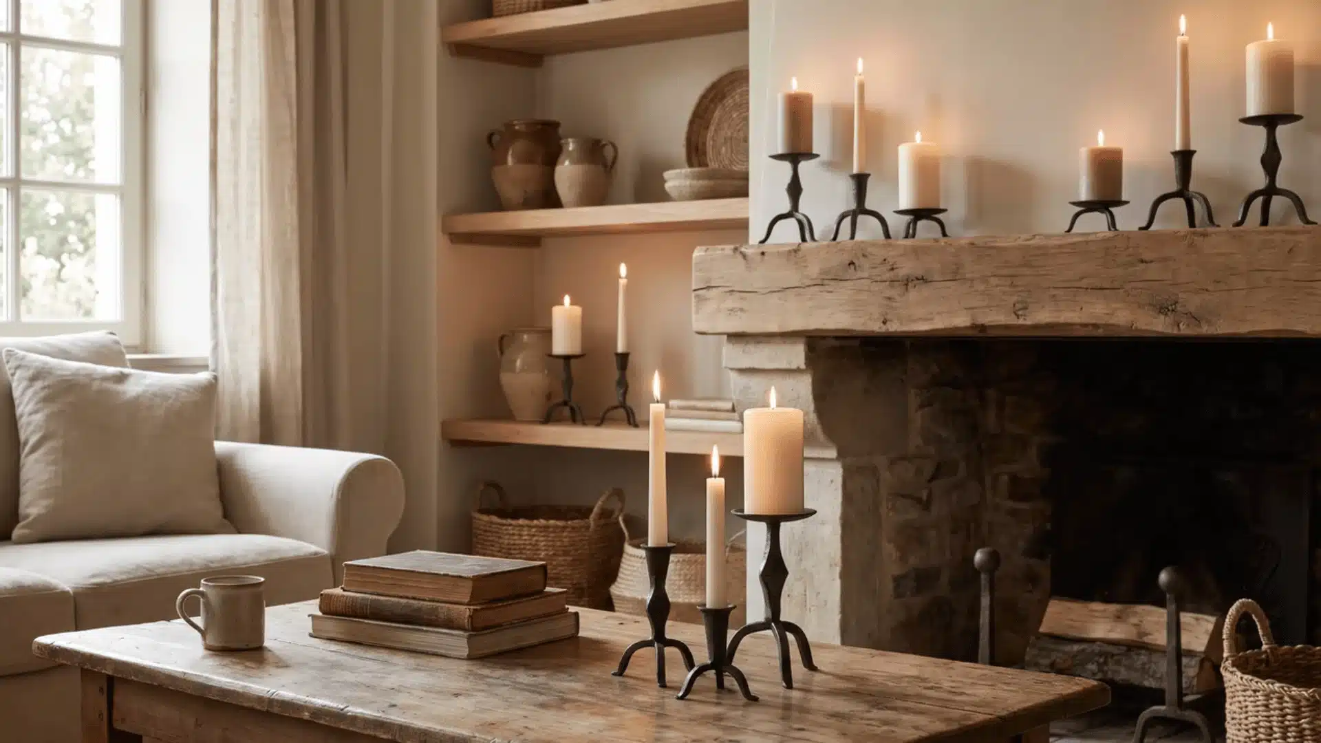 Candles in iron holders on a coffee table in a living room
