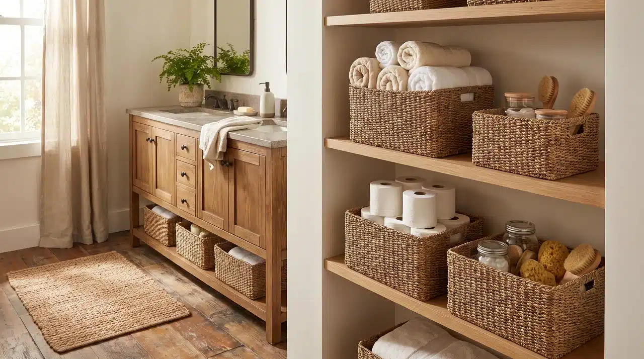 Woven baskets organizing towels and bathroom supplies in a stylish way.