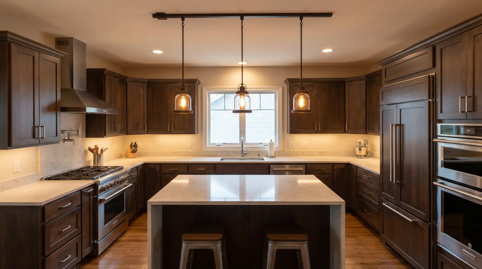 U-shaped kitchen with pendant lights above a peninsula work area