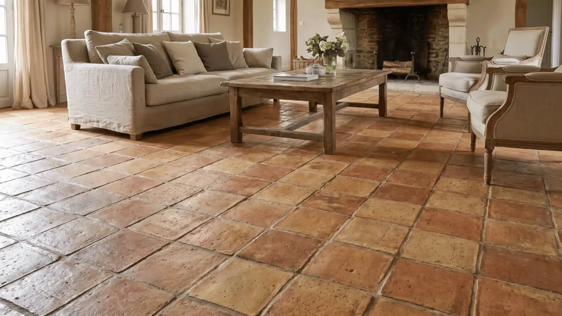 Matte terracotta floor tiles in a French country living room