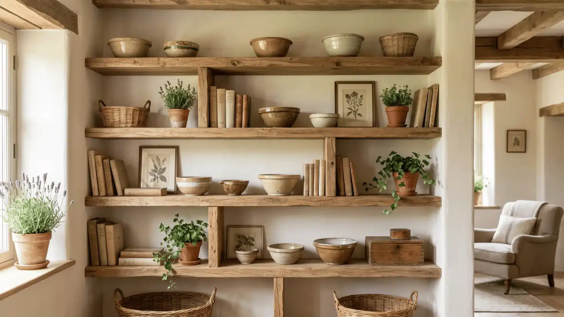 Open wooden shelves with ceramics and books in a French country living room