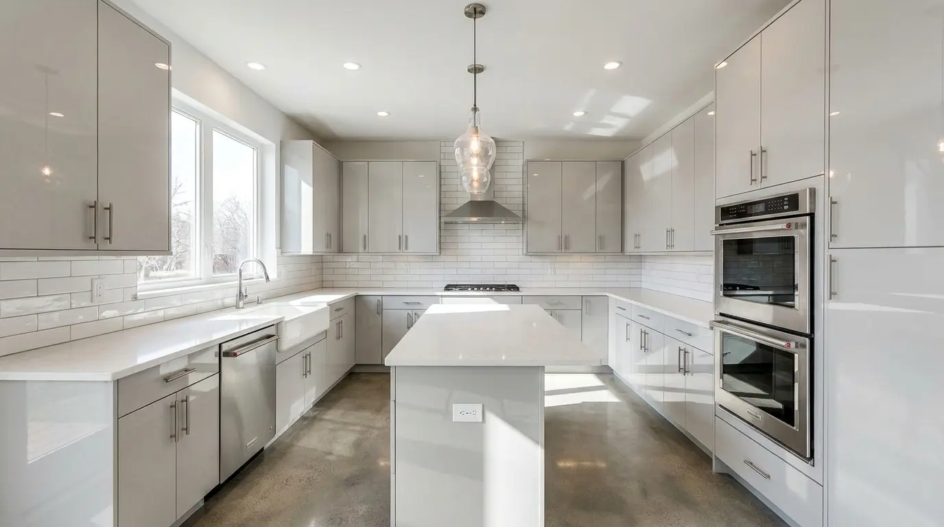 U-shaped kitchen with reflective surfaces making the room brighter