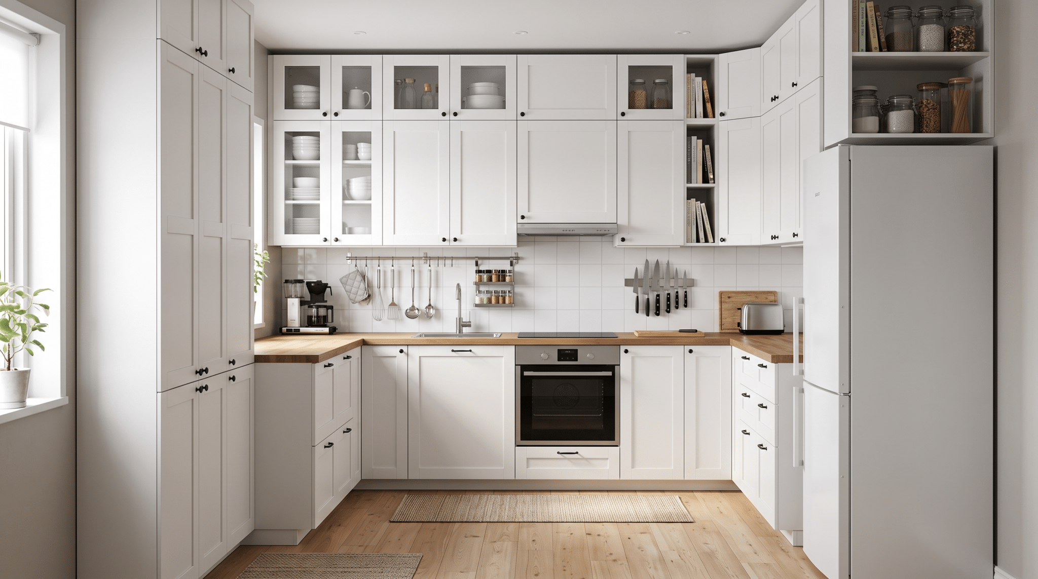 Small U-shaped kitchen using tall cabinets and vertical storage solutions