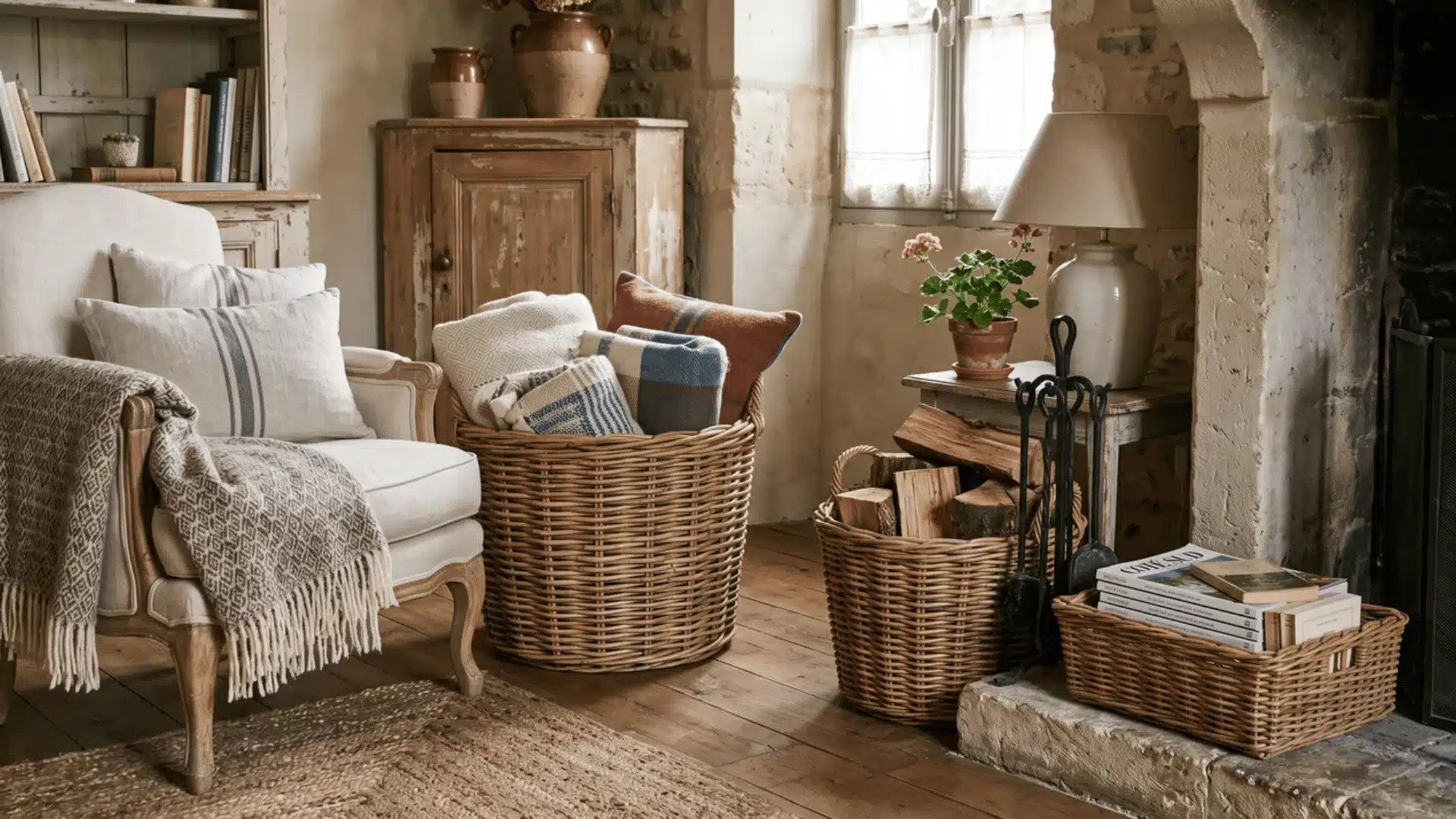 Wicker baskets used for storage in a French country living room