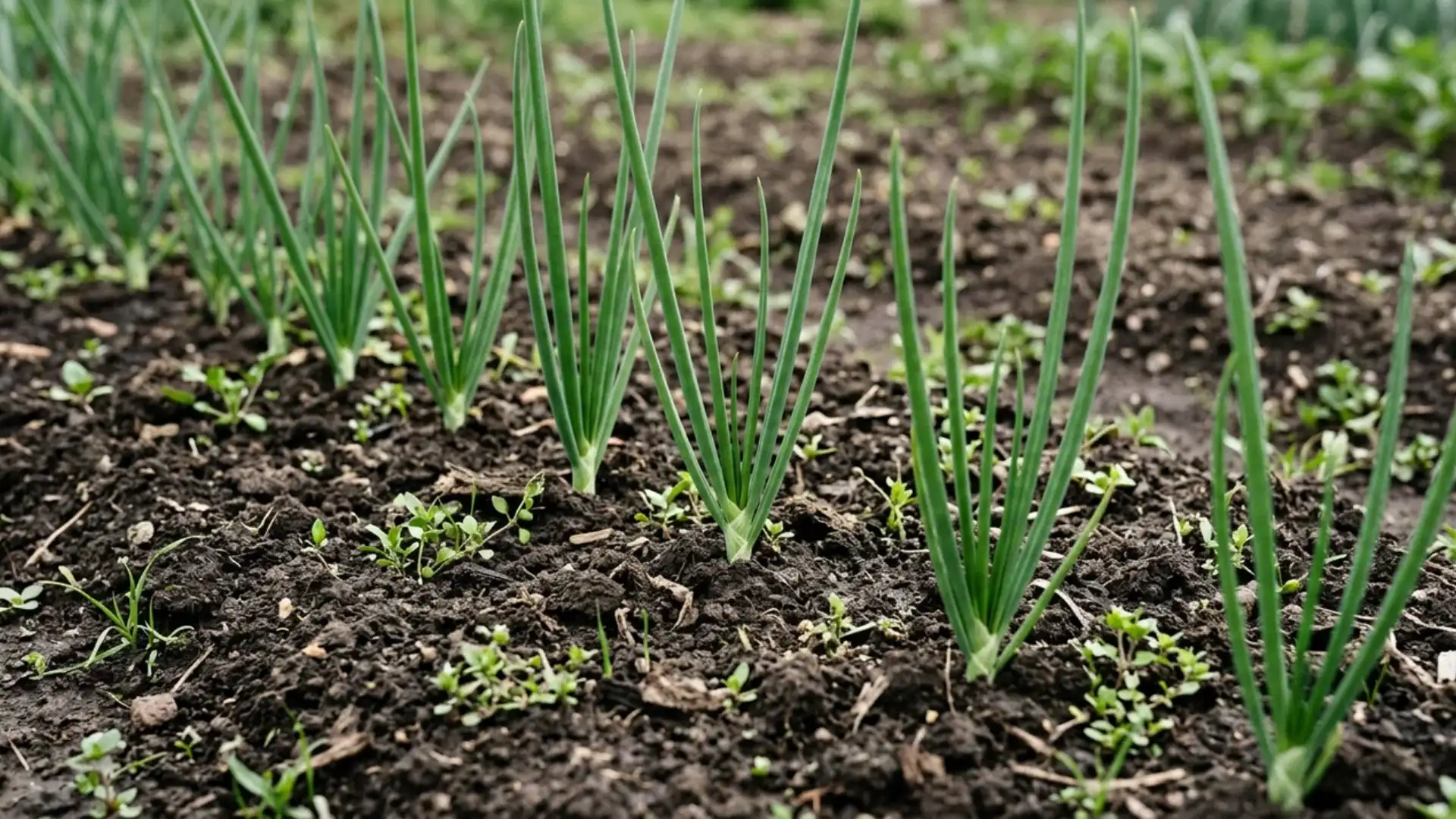 Young onion plants with several green leaves and no bulb yet