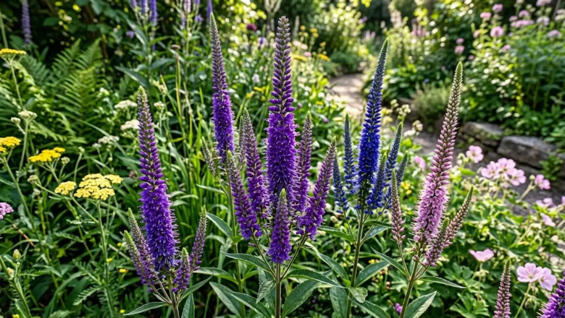 Blue veronica flower spikes blooming along a sunny garden border