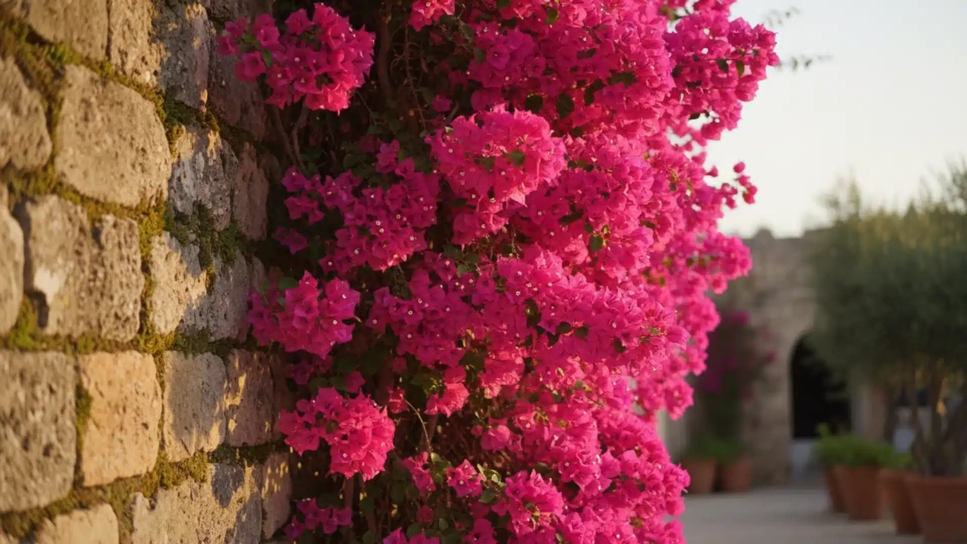 Dense cluster of bright magenta bougainvillea flowers climbing up a rustic stone wall outdoors.