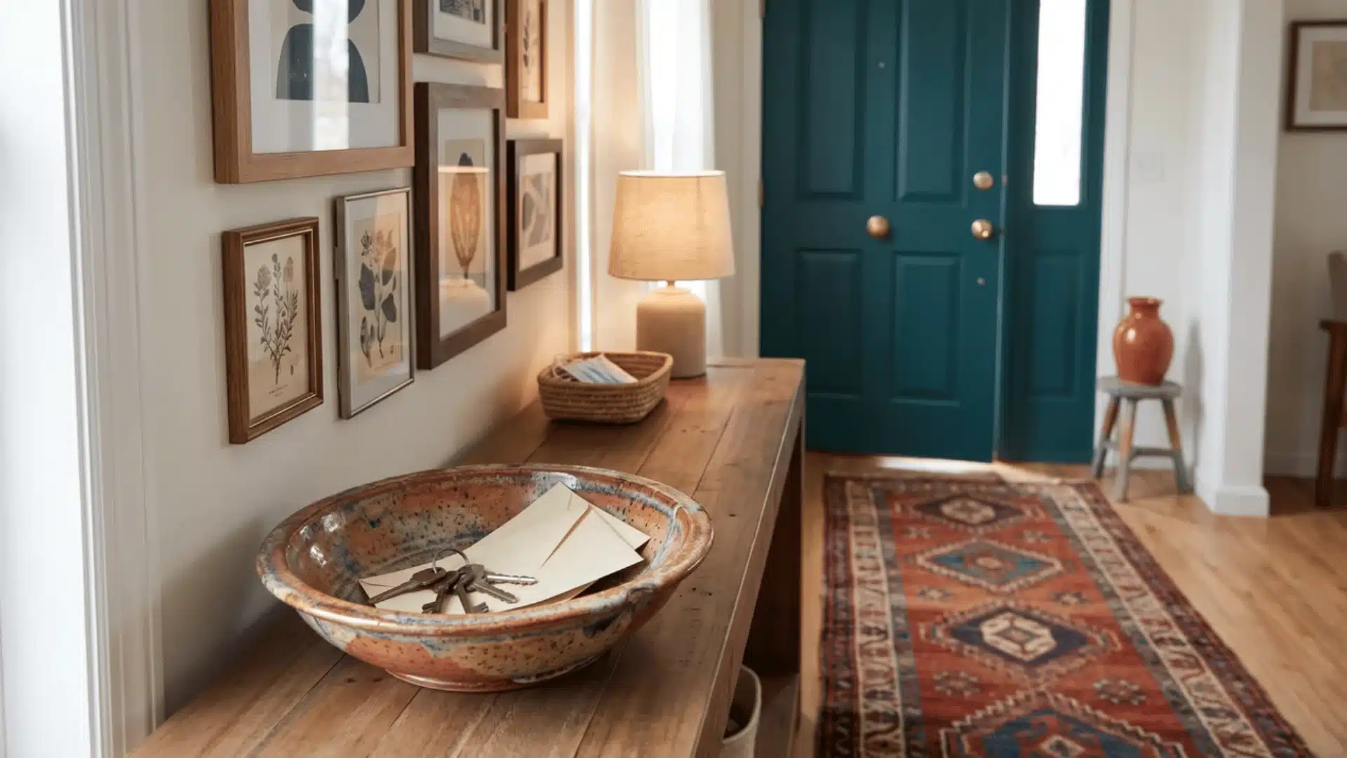 Vintage ceramic bowl holding keys and folded mail on a wood console in a colorful entryway