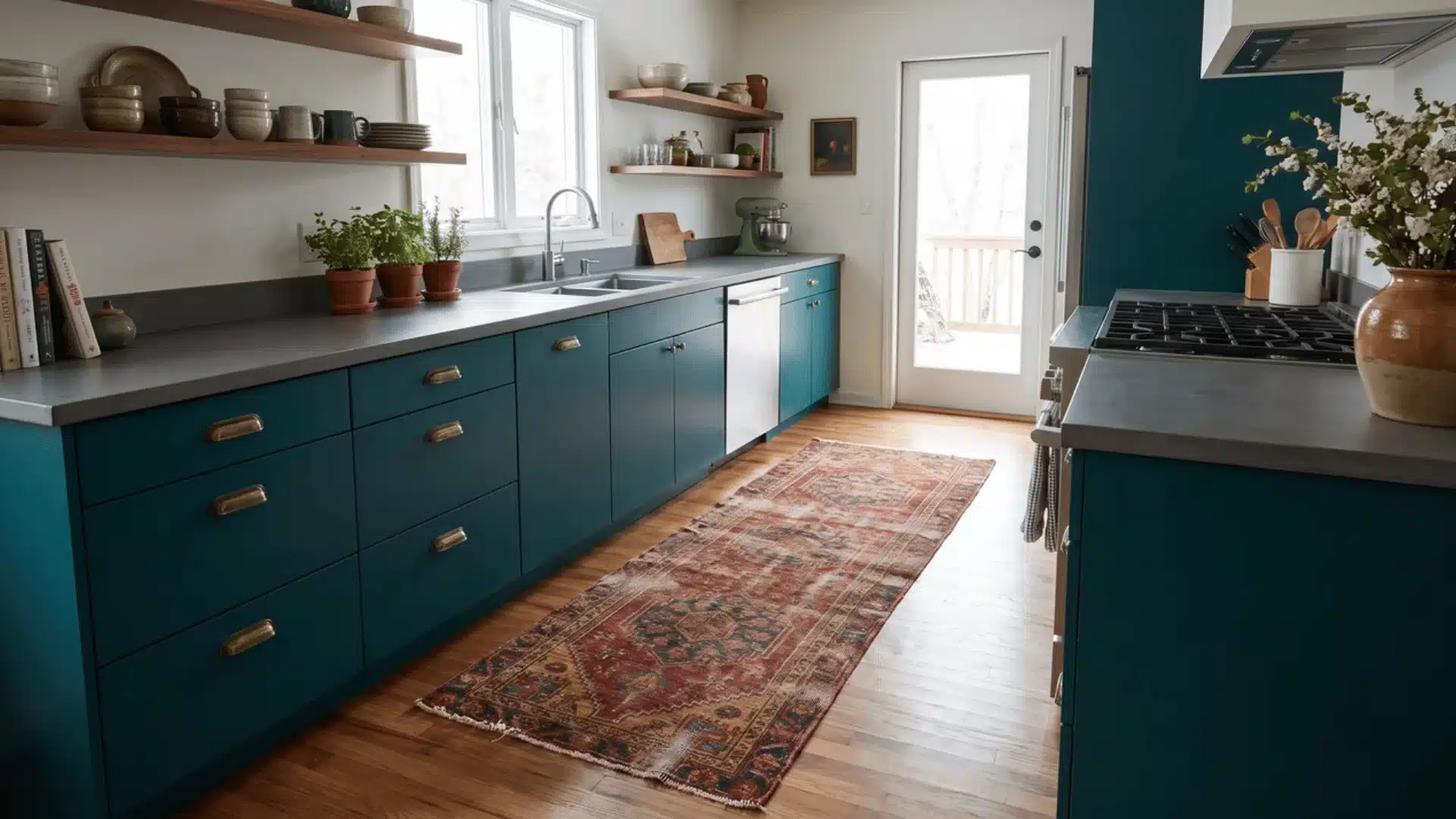 Vintage patterned runner beside a kitchen sink with colorful cabinets, wood shelves, and grouped ceramics