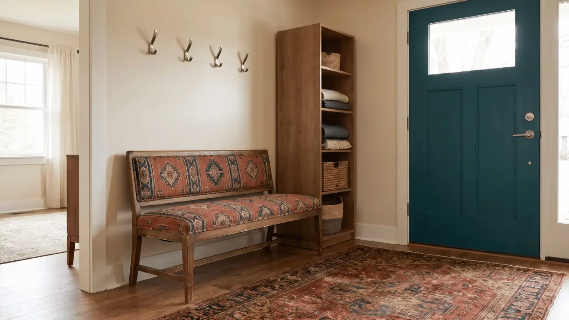 Vintage upholstered bench paired with modern wall hooks and slim storage in a colorful entryway