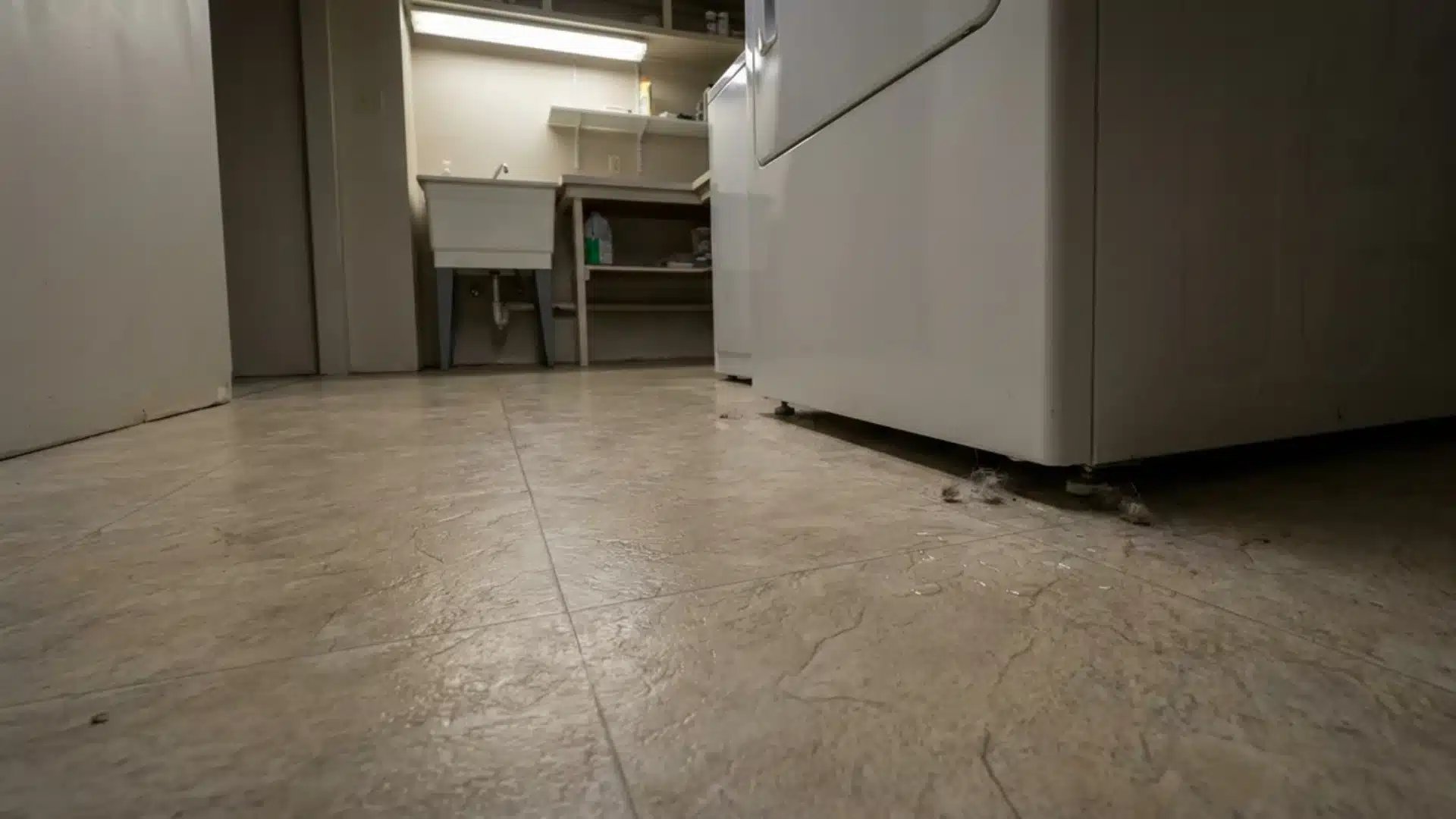 seamless vinyl sheet flooring installed across a laundry room floor near a washer