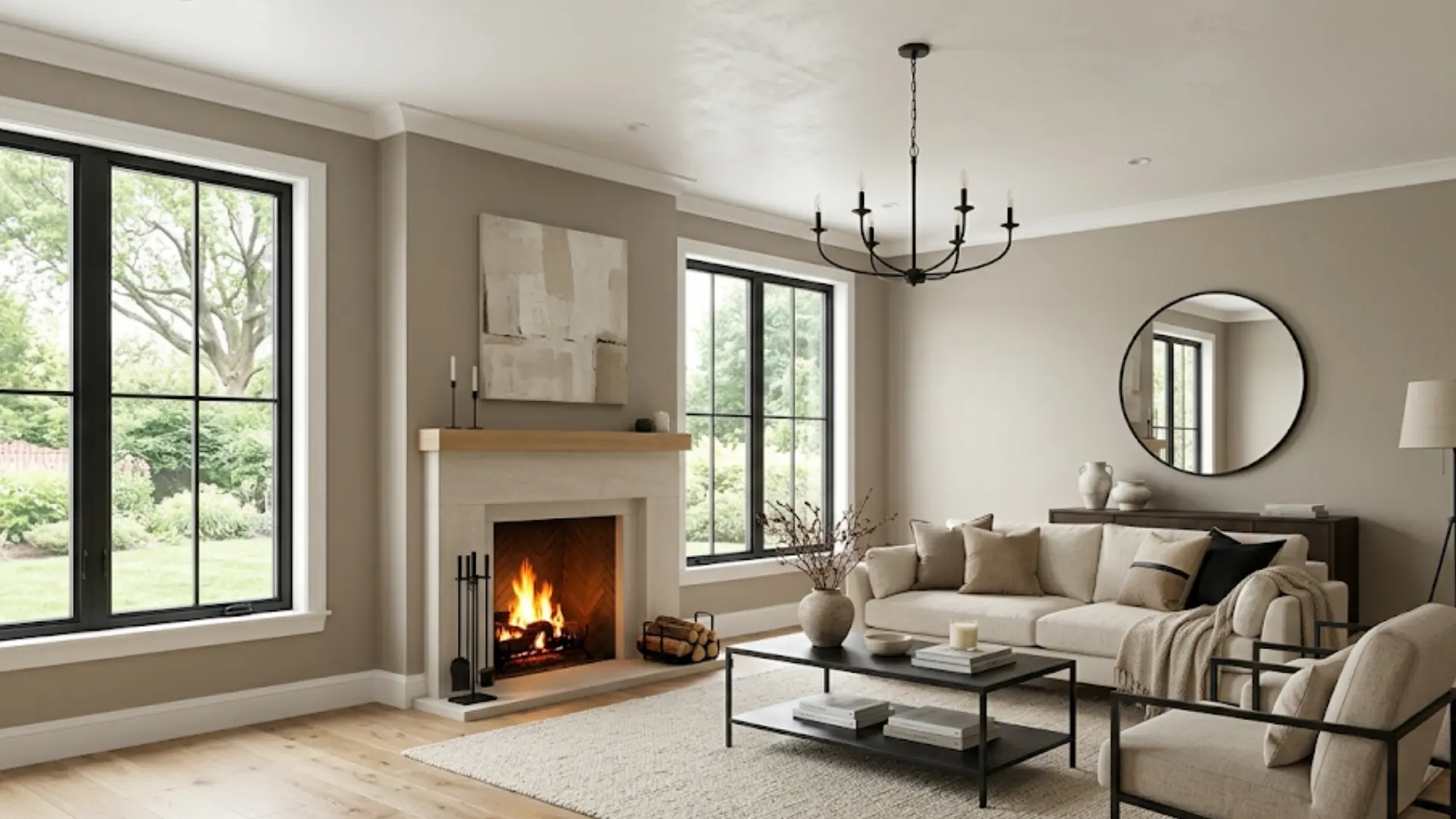 modern living room featuring warm taupe walls, cream sofa, stone fireplace, natural oak floors, and black metal accents