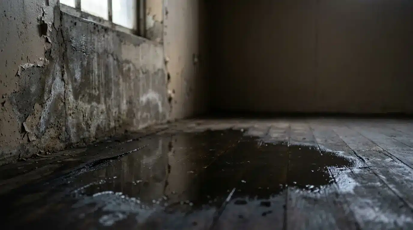 Water puddle on damaged wooden floor in dimly lit, deteriorated room