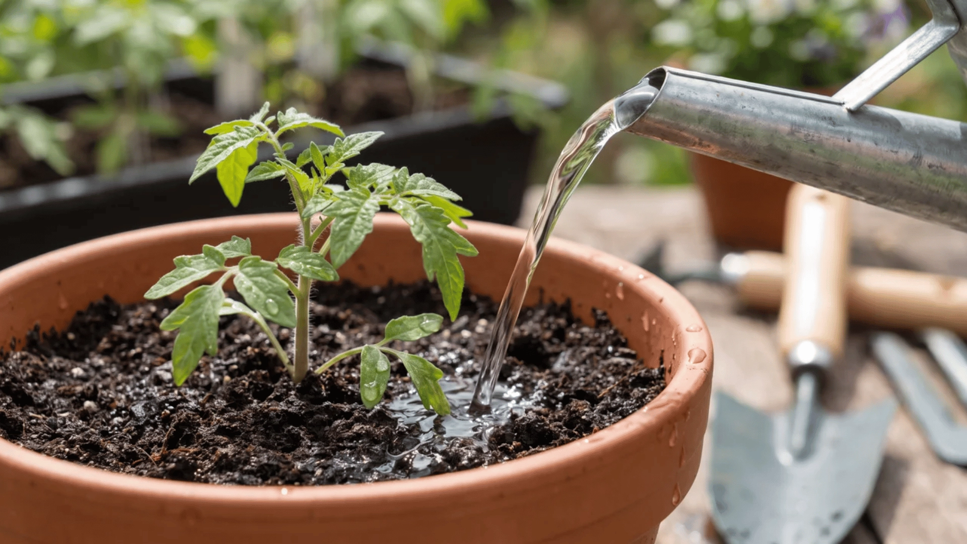 Water flowing onto potting mix around a newly planted tomato seedling
