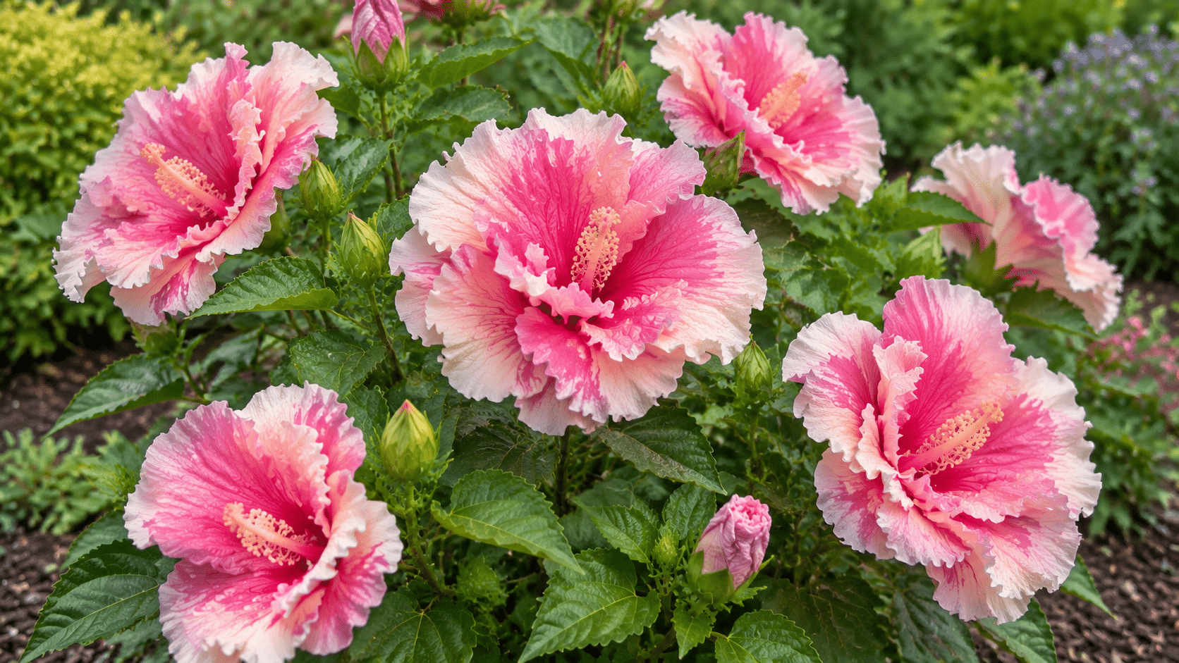 Watermelon Ruffles hibiscus with pink and cream ruffled flowers