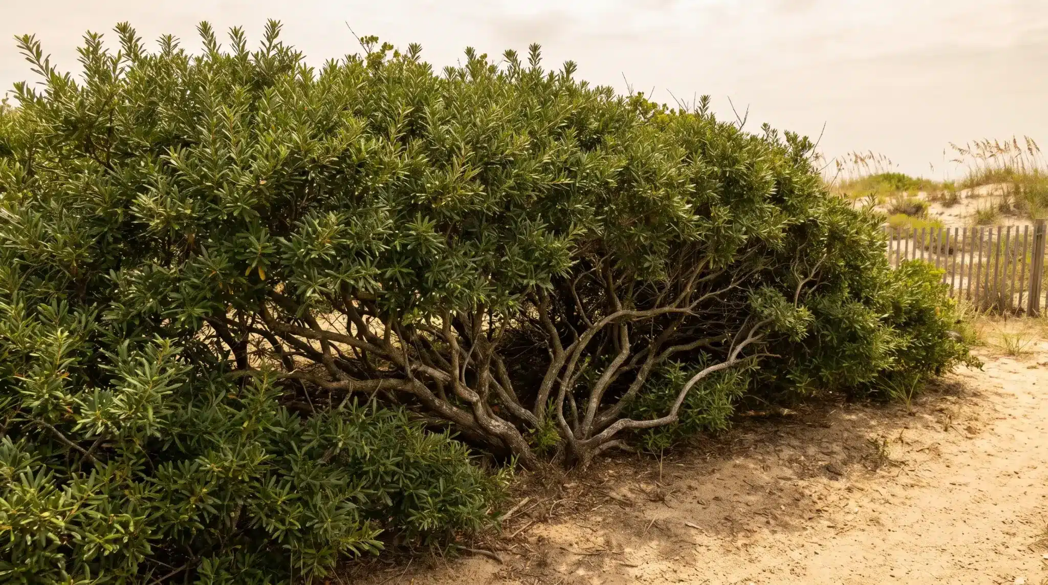Mature wax myrtle with narrow leaves and dense branches forming an informal privacy screen.