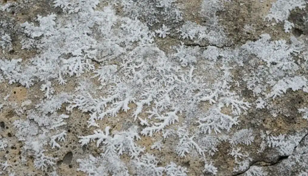 What Causes Efflorescence on Concrete and Limestone Surfaces? Frost patterns resembling snowflakes on textured rock surface in close-up view