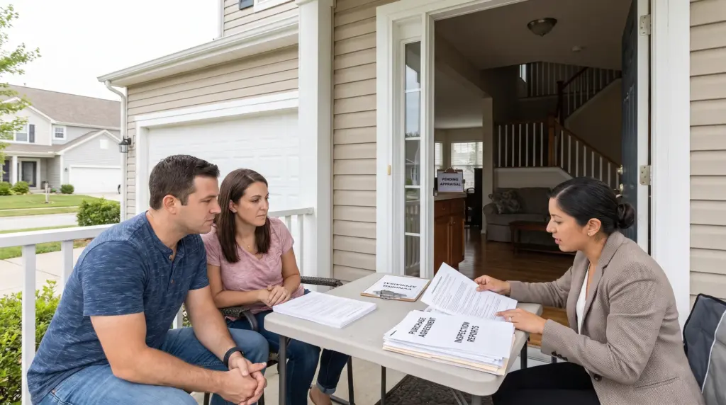 What Does Under Contract Mean in Real Estate? Explained Buyers and real estate agent reviewing documents at a home during the under contract stage.