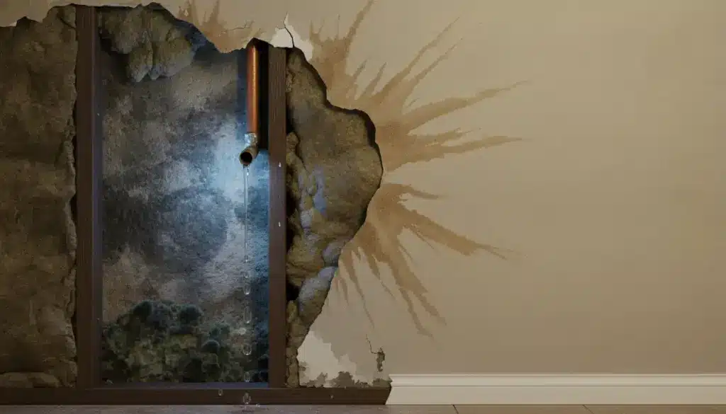 Exposed broken pipe leaking water in wall cavity with mold growth and damp stains