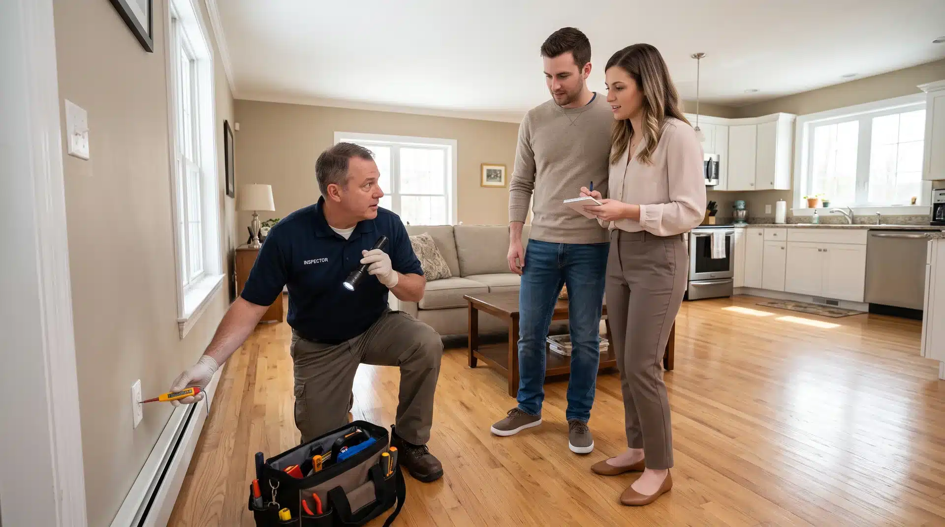 Home inspector reviewing a property with buyers during a home inspection.