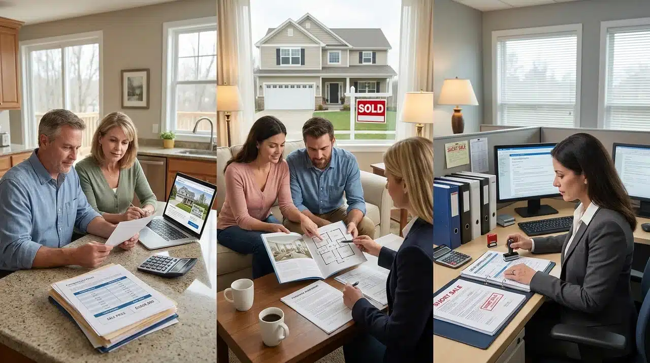 Homeowner, buyer, and lender reviewing a real estate short sale with mortgage documents and property details.