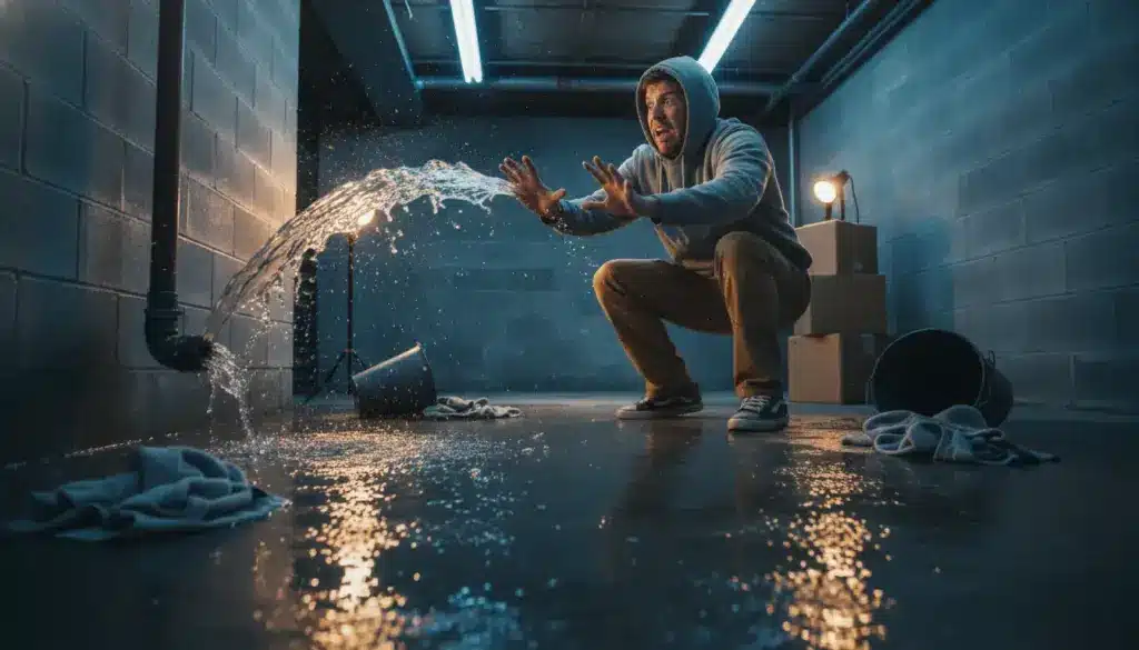 What to Do in the First 30 Minutes of a Plumbing Emergency at Home Man in hoodie crouching near leaking pipe in dimly lit basement with boxes and towels scattered