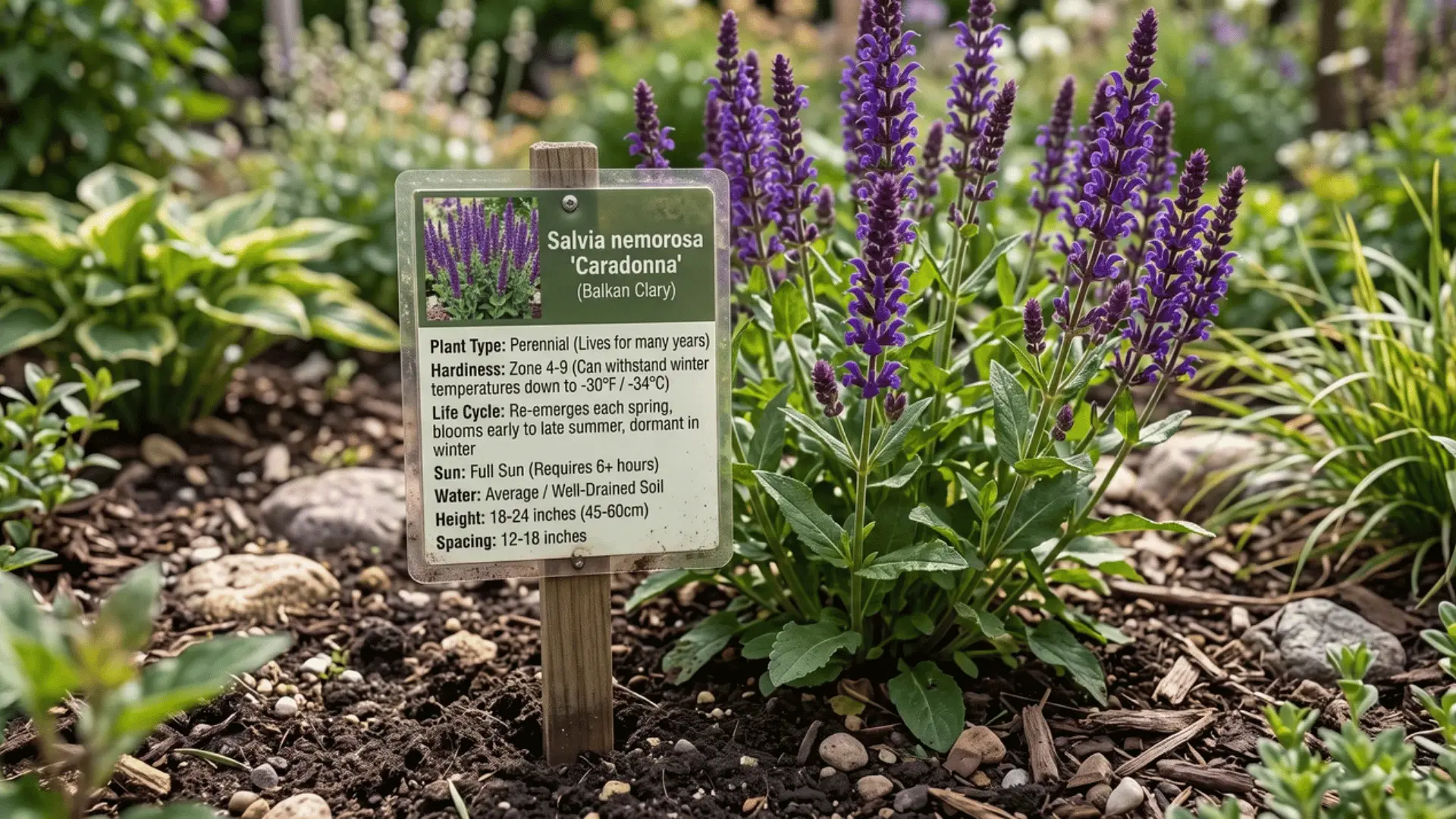 Perennial plant beside a garden label showing plant information in a garden bed