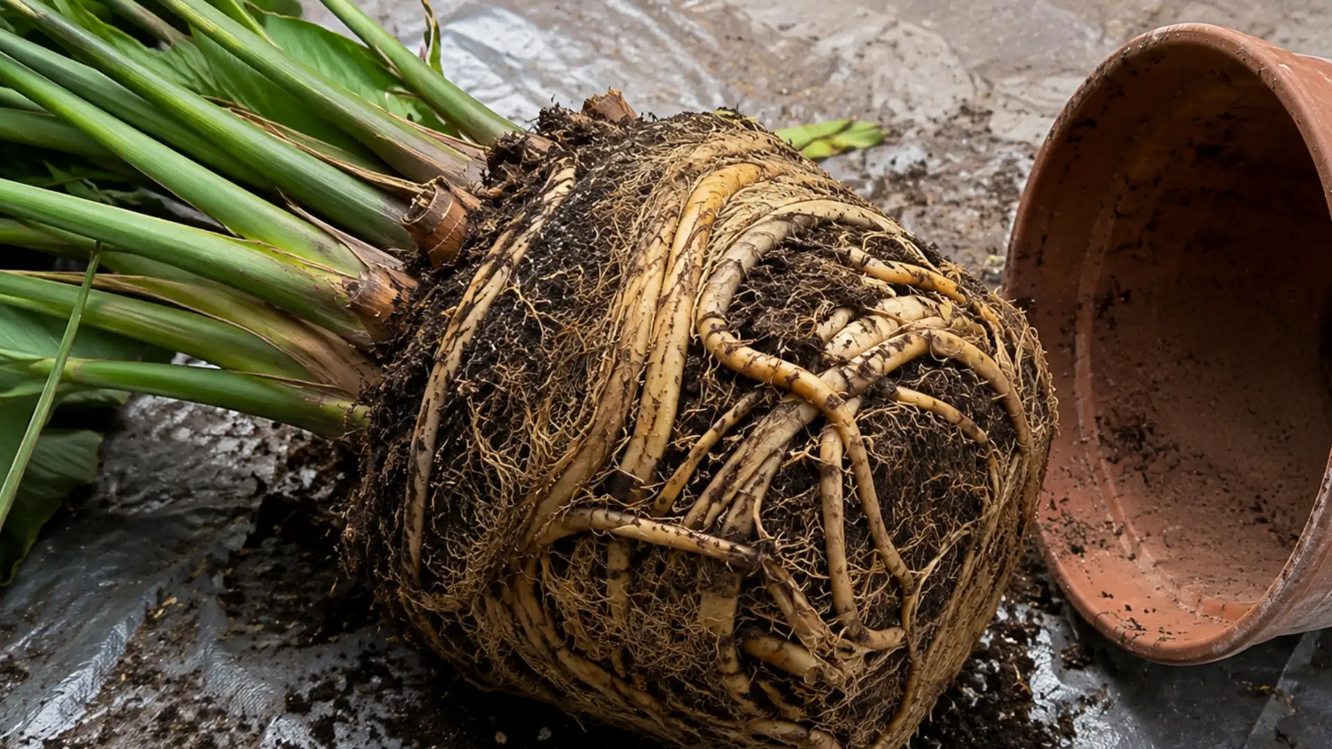 Bird of paradise plant lifted out of its pot showing dense circling root growth below