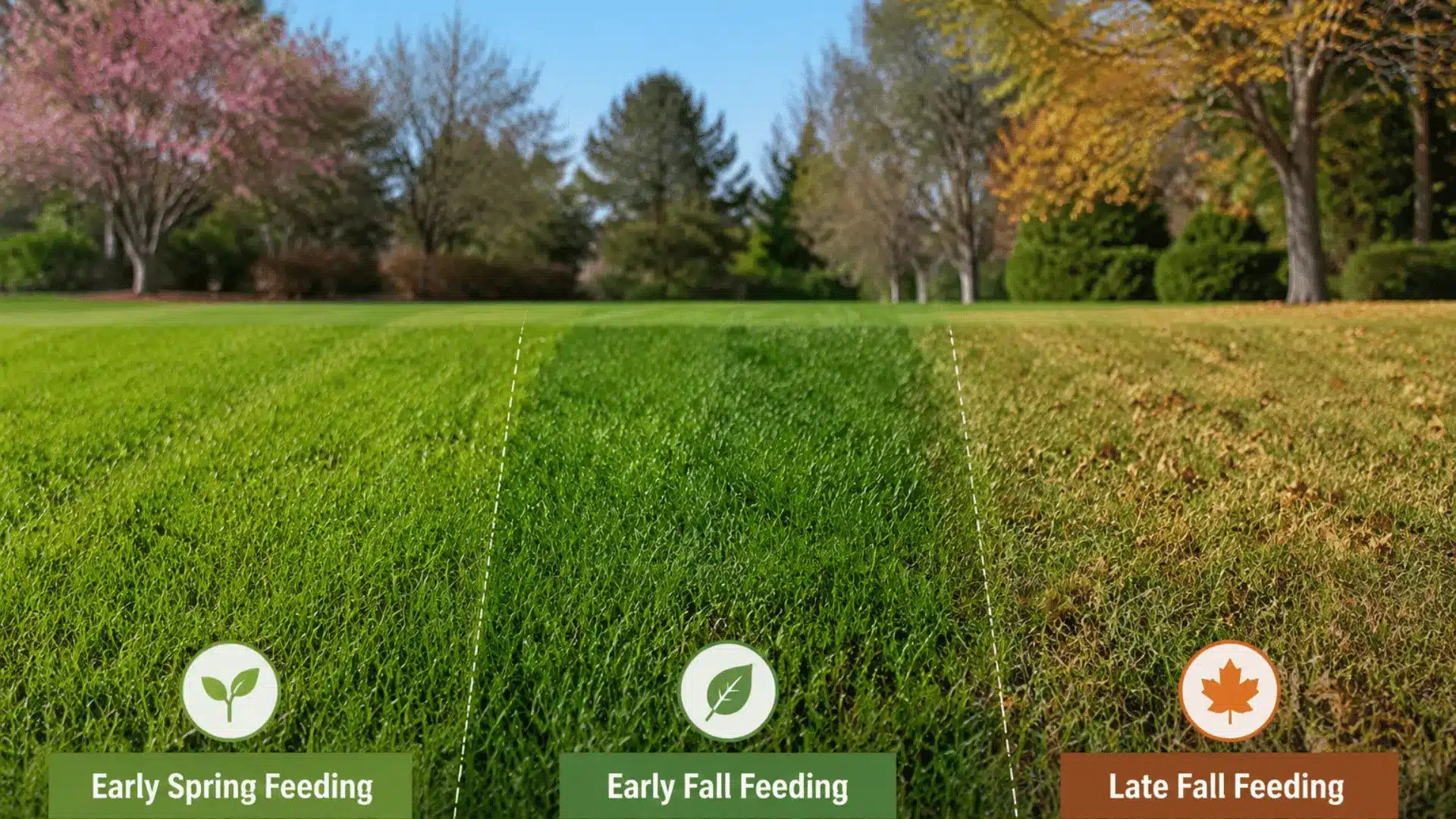 Cool-season grass lawn sections showing early spring, early fall, and late fall fertilizer timing