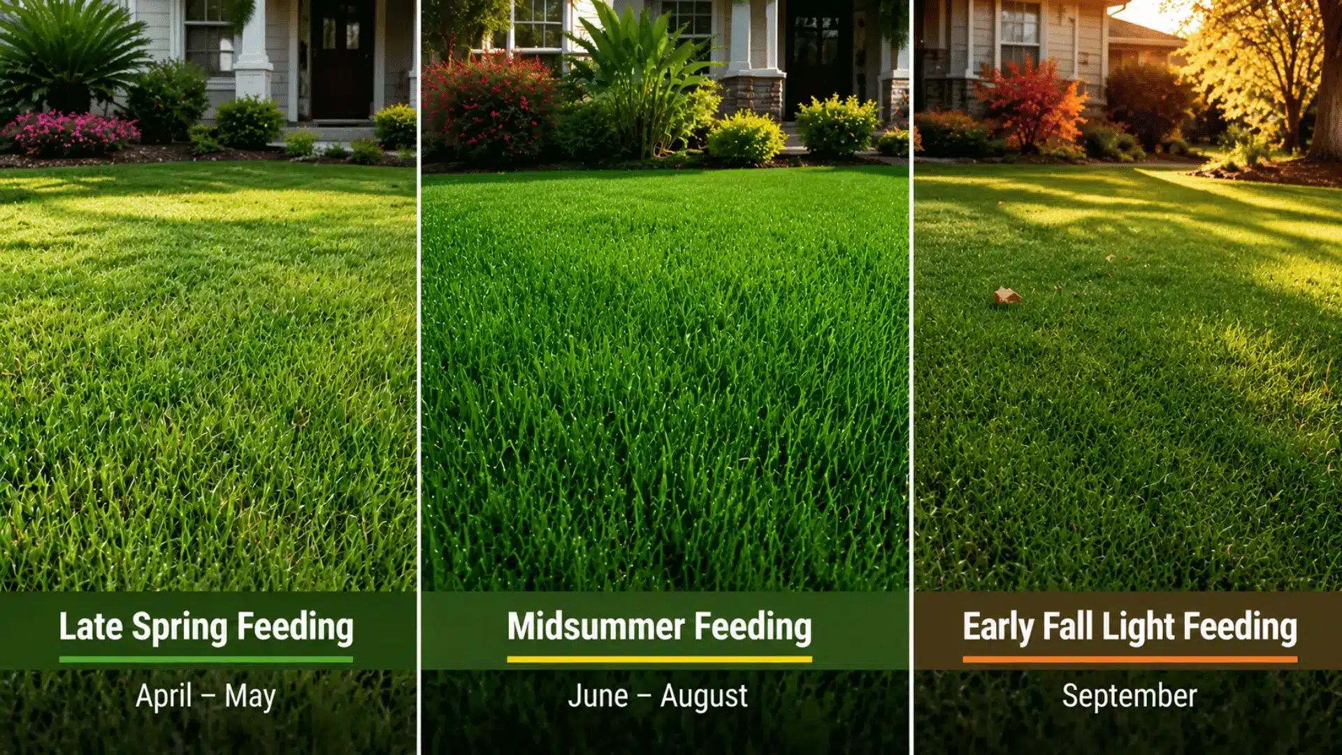 Warm-season grass lawn shown through late spring, midsummer, and early fall growth stages