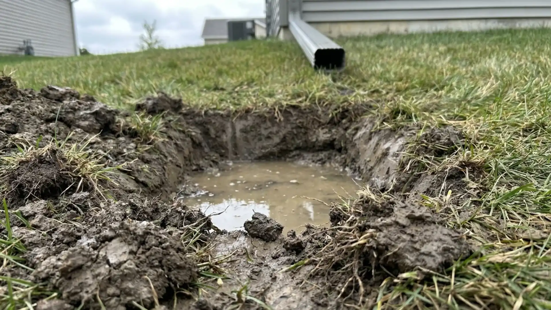 Soil percolation test hole filling with water on a downhill backyard drainage slope
