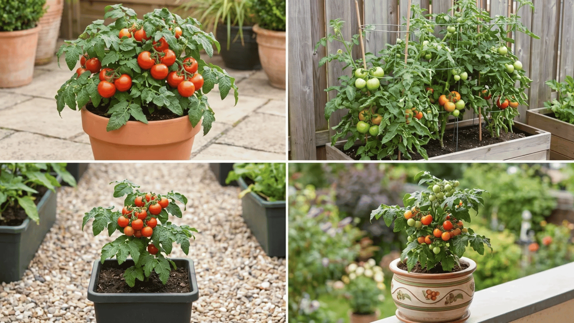 2x2 collage of determinate, indeterminate, dwarf, and patio tomato plants growing in pots
