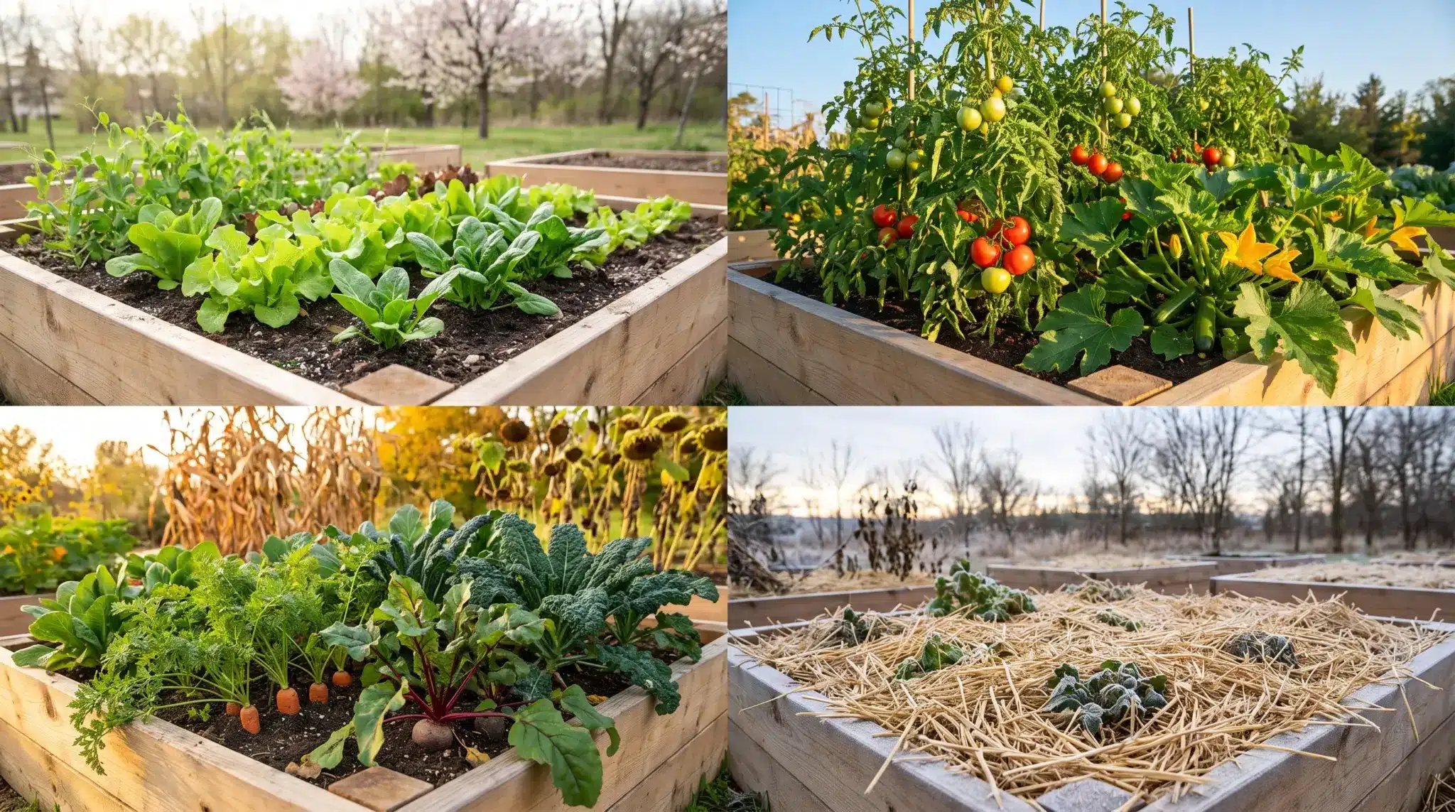 A square foot garden shown with spring, summer, fall, and winter crops in four seasonal views.